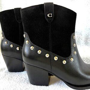 Coach black suede and leather studded heeled booties NWOT Size 7-1/2
